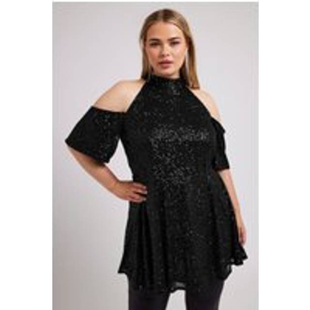 Yours London Curve Black Sequin Cold Shoulder Peplum Top, Women's Curve & Plus Size, Yours London - 20