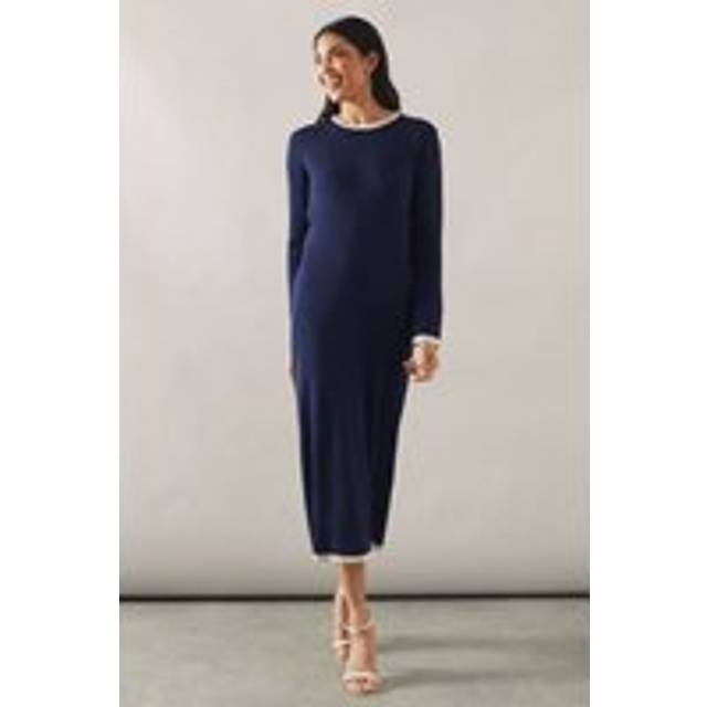 Womens Plain Tipped Knitted Midi Dress - Navy
