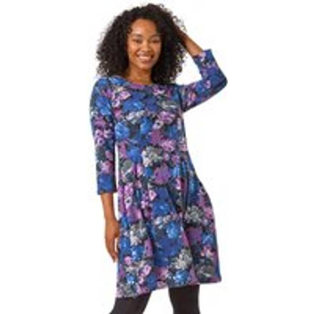 Floral Print A-Line Stretch Dress - Purple - 10