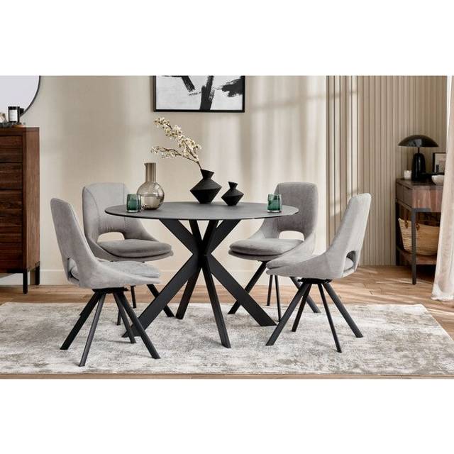 Venice Grey Ceramic Round Dining Table + 4 Nico Swivel Dining Chairs in Light Grey with Black Metal Legs - Oak Furnitureland