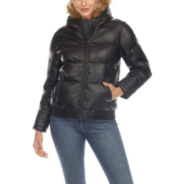 White Mark 8248-01-M Womens Removable Fur Hoodie Bomber Leather Jacket, Black - Medium