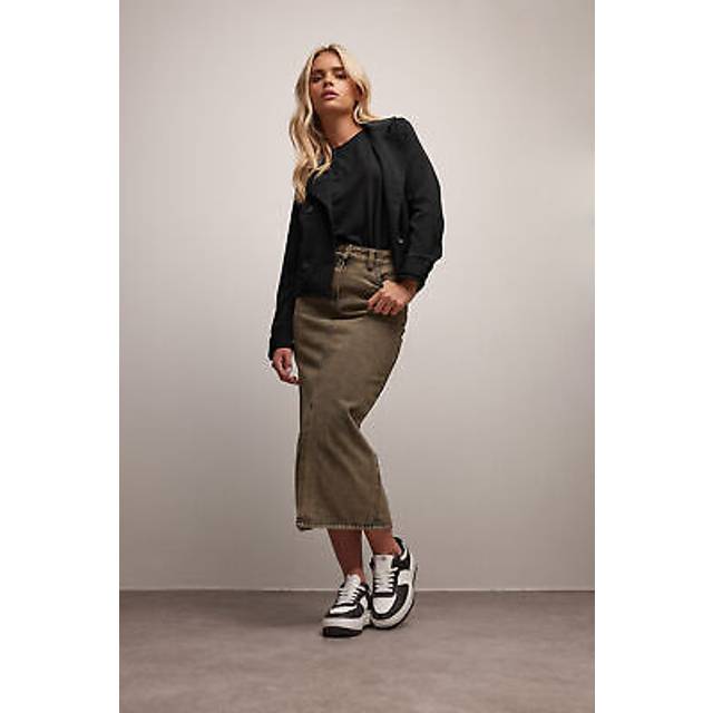 Pixiegirl Petite Brown Acid Wash Midi Skirt 16 Pixiegirl | Petite Women's Midi Skirts