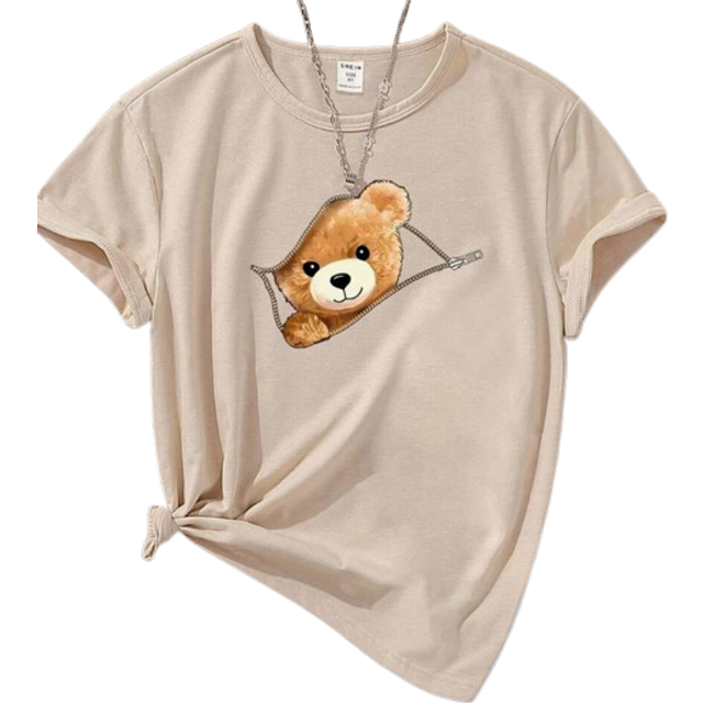 SHEIN Tween Girl Fashionable Casual Short Sleeve T-Shirt With Cartoon Bear Printed Design, Family Matching Outfits Mommy And Me (3 Pieces Are Sold Separatel