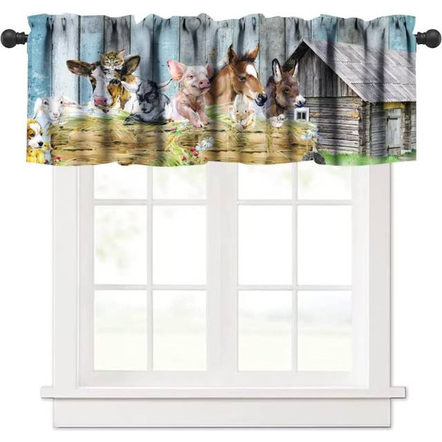 JanJCurt Farmhouse Animal Valance  Rustic Farm Wooden Barn Kitchen Window Valance Retro Old Cabin Short Window Curtain for Cafe Living Room
