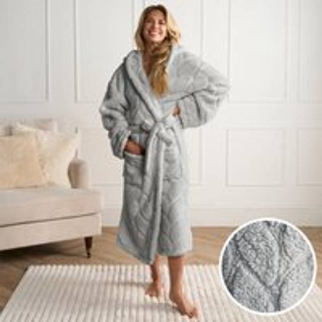 Luxury Fleece Dressing Gown Robe Plush Womens Supersoft Hooded PJ Cosy Loungwear - Light Grey - One Size
