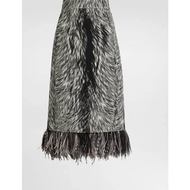Dolce & Gabbana Charmeuse Calf-length Pencil Skirt With Fur Print And Feathered Detailing - Woman Skirts Grey 36
