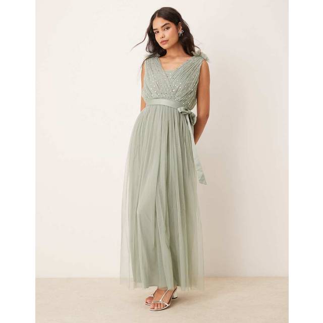 Anaya With Love Ruffle Shoulder Tulle Maxi Dress, Frosty Green