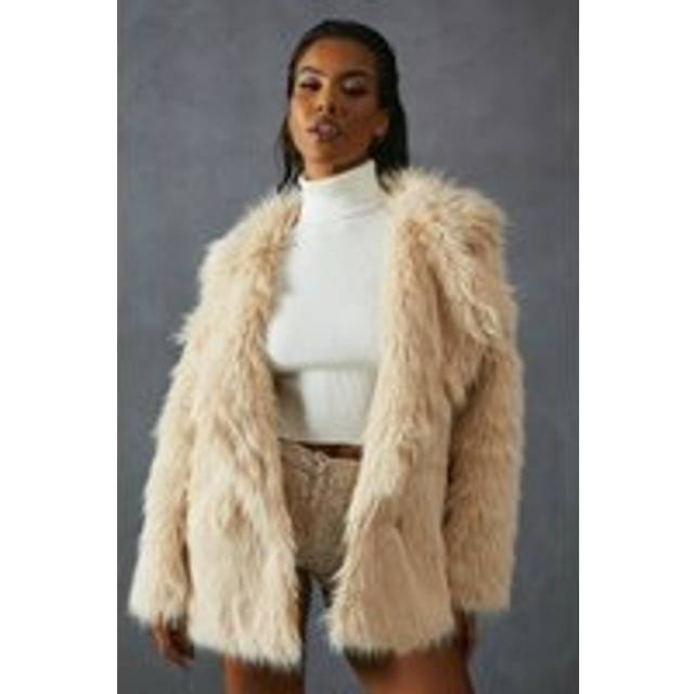 Womens Faux Fur Long Collar Coat - Brown - M
