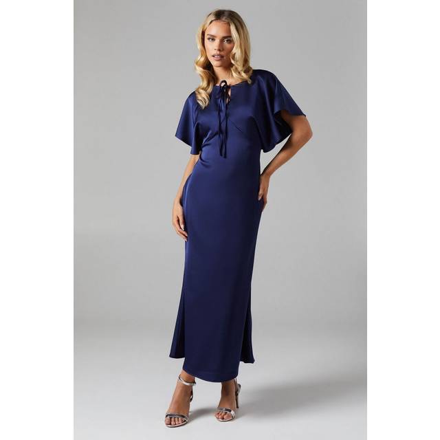 Oasis Womens Petite Cape Sleeve Satin Bridesmaids Midi Dress - Navy - Size 14 UK