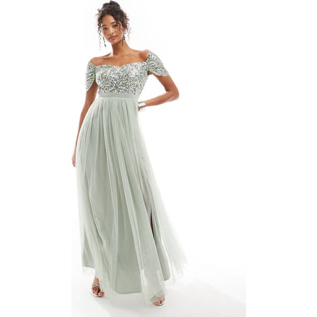 Maya Deluxe Bardot Sequin Tulle Maxi Dress
