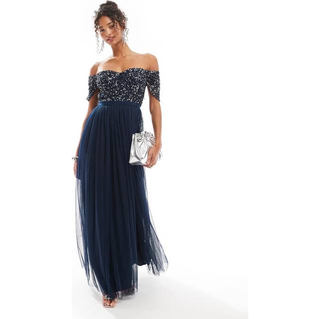 Maya Deluxe Bardot Sequin Tulle Maxi Dress