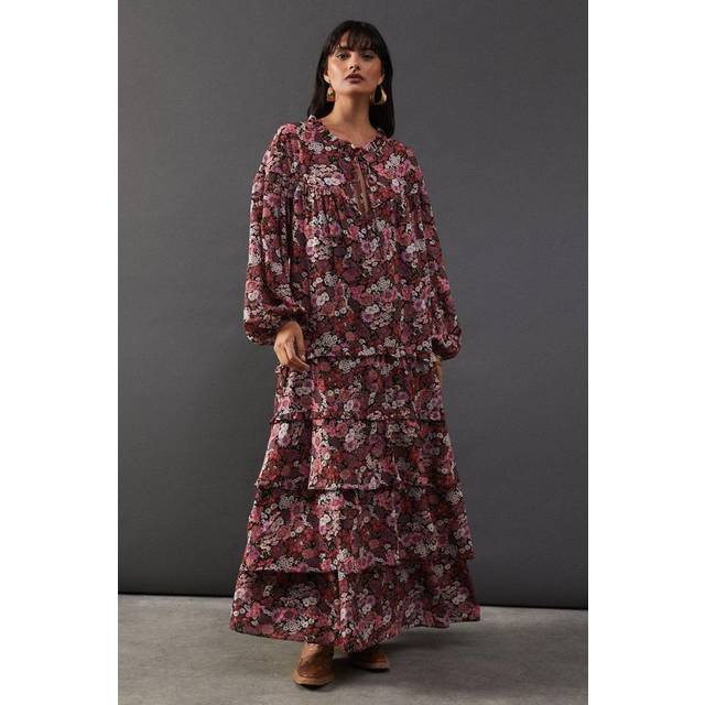 Womens Printed Premium Chiffon Tie Neck Tier Smock Maxi Dress - Red - 6
