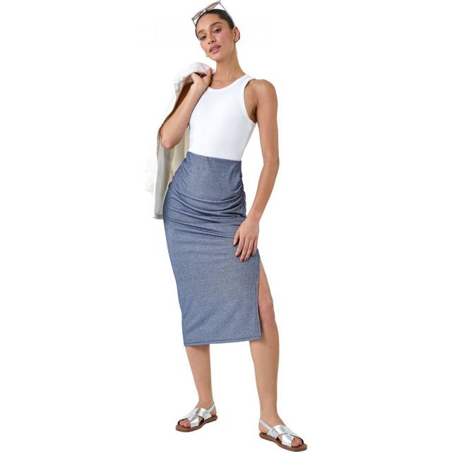 Dusk Steel Blue Metallic Shimmer Ruched Midi Skirt - Size 12