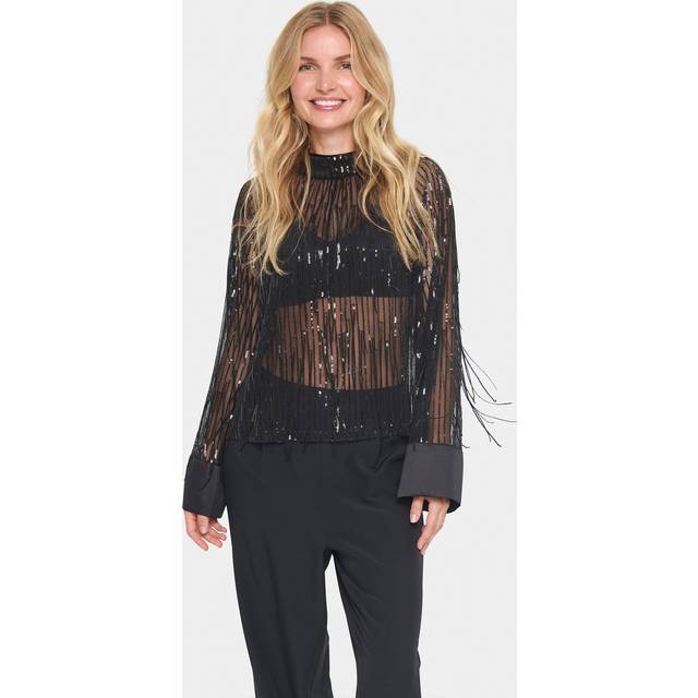 Saint Tropez Halema Sequin Fringe Semi Sheer Blouse, Black