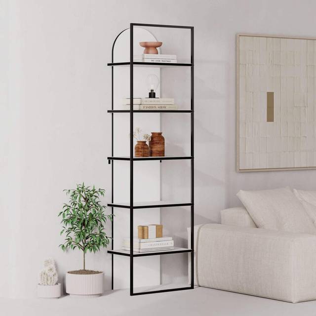 FWStyle Painted White Modern Black Metal Frame Bookcase Shelving Unit 5 Tier