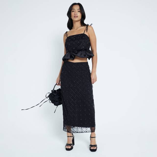 River Island Womens Petite Black Satin Beaded Midi Skirt - 12