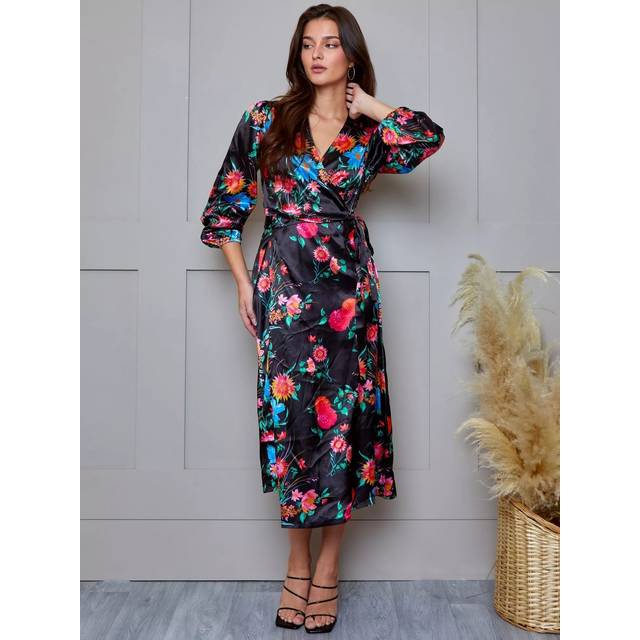 Long Sleeve Floral Wrap Dress in Black - 12