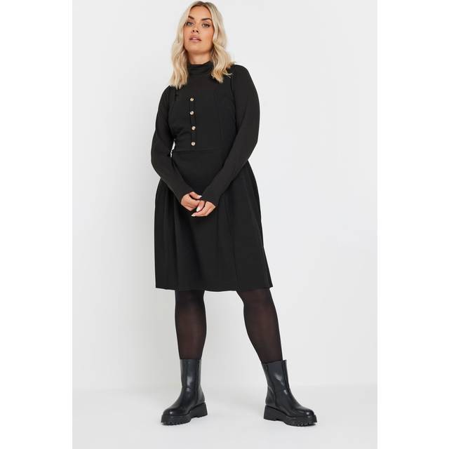 Yours Curve Black Button Front Textured Pinafore Dress, Women's Curve & Plus Size, Yours - 18