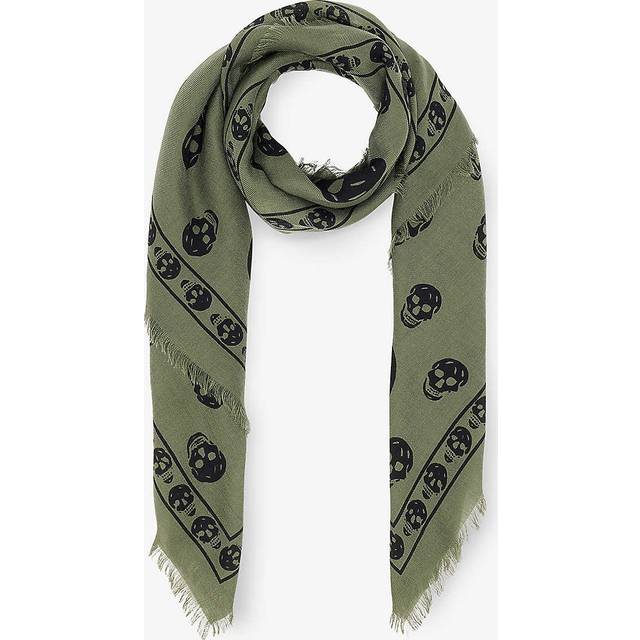 Alexander Mcqueen Womens Kaki/black Skull-print Frayed-hem Wool Scarf - KAKI/BLACK