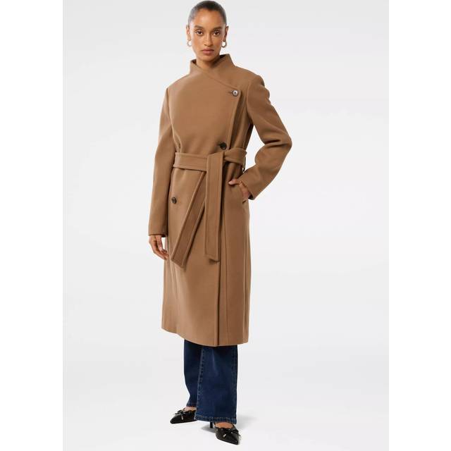 Forever New Ari Petite Funnel Neck Wrap Front Coat, Dark Camel