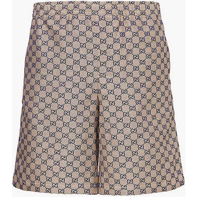 Gucci Mens Oatmilk Blue Monogram-pattern Elasticated-waist Linen-blend Shorts 36