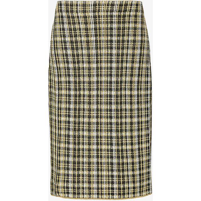 Bottega Veneta Womens Yellow Khaki Black Low-rise Check Linen-blend Midi Skirt M