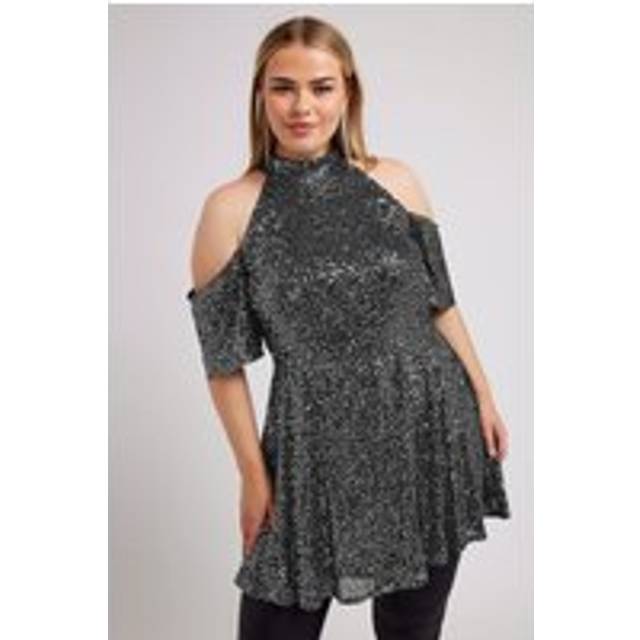 Yours London Curve Silver Sequin Cold Shoulder Peplum Top, Women's Curve & Plus Size, Yours London - 30-32