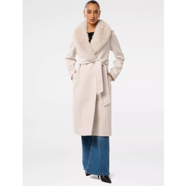 Forever New Petite Monica Faux Fur Collar Wrap Coat, Cream