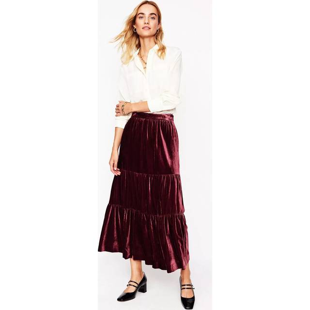 Boden Viv Tiered Velvet Maxi Skirt, Cabernet