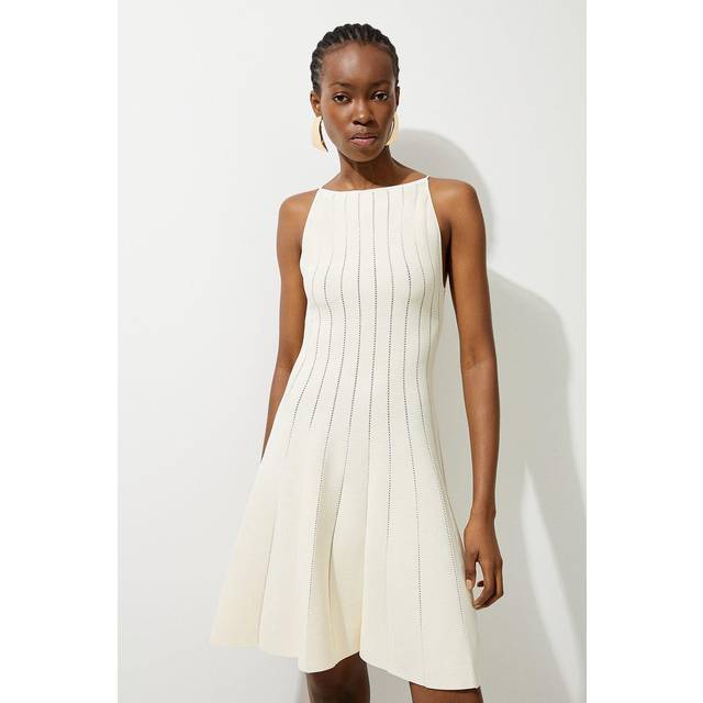 Viscose Blend Sheer Detail Knit Flippy Mini Dress - Cream