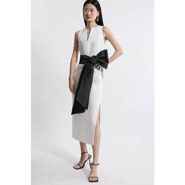 Clean Tailored Taffeta Contrast Bow Tie Waist Midi Dress - Ivory