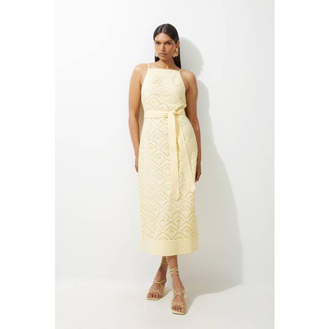 Cotton Broderie Woven Belted Midi Dress - Yellow