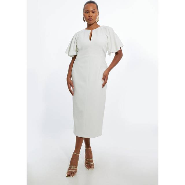 Plus Size Structured Crepe Ruffle Sleeve Tailored Midi Pencil Dress - Ivory