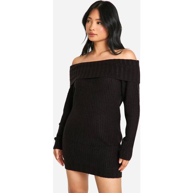 Womens Petite Wide Rib Bardot Neckline Mini Jumper Dress - Black - L