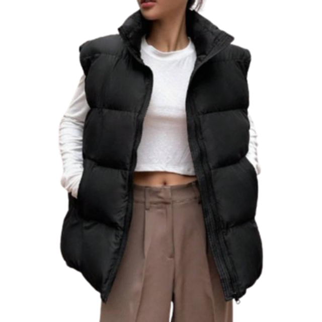 DAZY Zip Up Padded Vest Thick Pockets Coat, Ladies Late Fall Casual Pocket, Zipper Funnel Neck Loose Black Plain Women Coats, Winter Warmth/ Winter Fashion