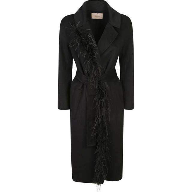 TWINSET - feather-trim coat - women - Polyester/Ostrich Feather/Wool/Polyester - 44 - Black
