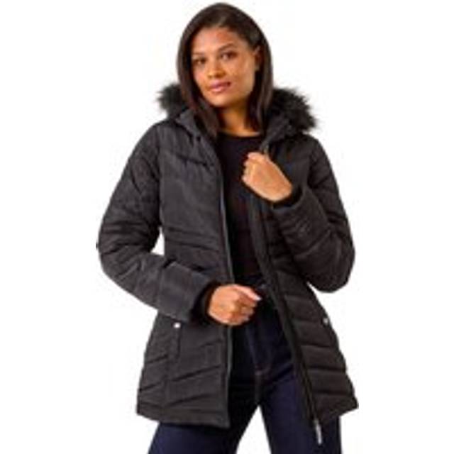 Faux Fur Hooded Quilt Coat - Black - 12