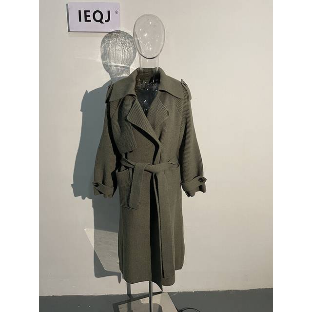 (One Size, Green With Belt Coat) Knitted Sweater Cardigan Lace Up Trench Coat Solid Waist Luxury Windb