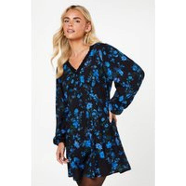 Womens Petite Blue Floral Long Sleeve Lace Trim Button Front Mini Dress - 10