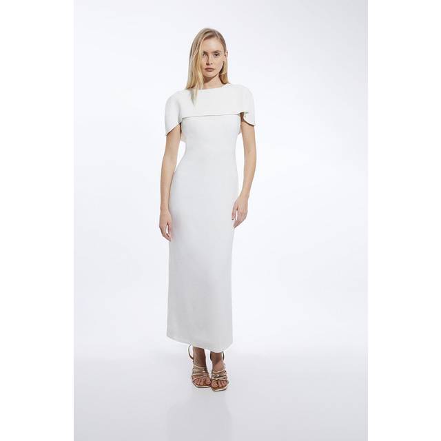 Compact Stretch Viscose Back Drape Tailored Midi Dress - Ivory