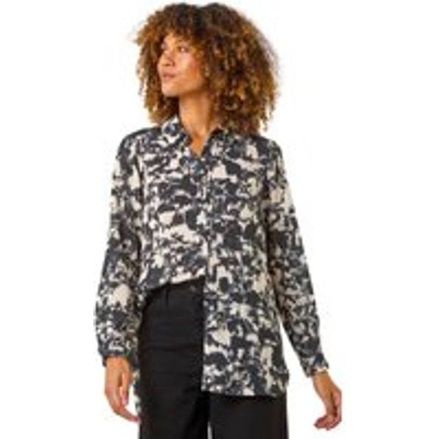 Abstract Print Collar Button Detail Blouse - Black - 16