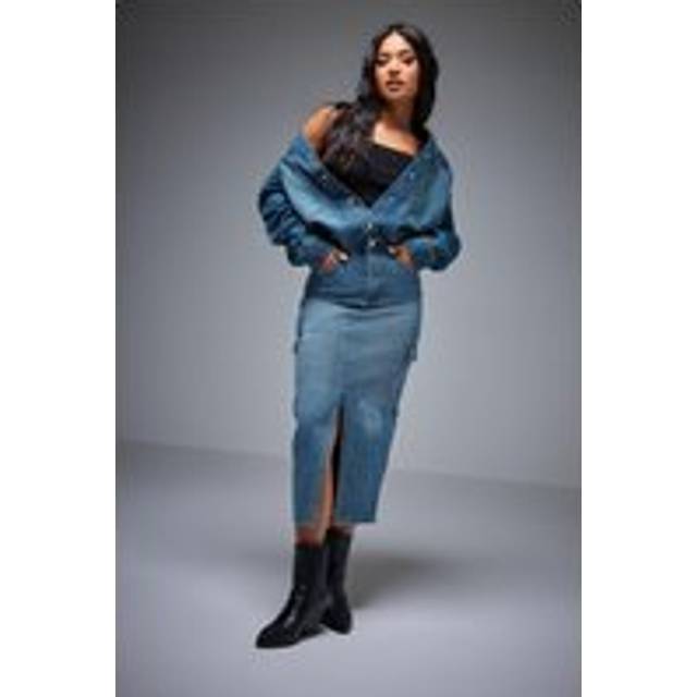 Pixiegirl Petite Blue Denim Cargo Midi Skirt 12 Pixiegirl | Petite Women's Midi Skirts - Green