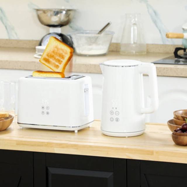 HOMCOM 1.5L 3000W Fast Boil Electric Kettle and 2 Slice Toaster Set, White, Cream