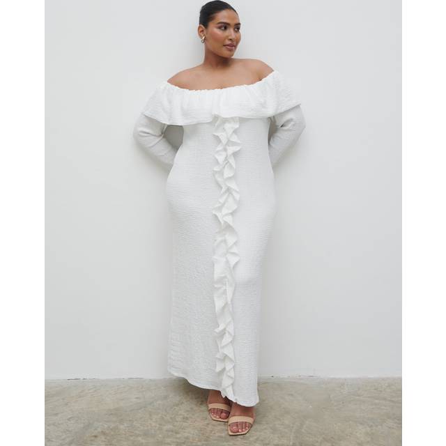 Hope Bardot Ruffle Jersey Maxi Dress Curve - Cream, XXL