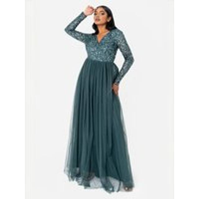 V Neck Embellished Long Sleeve Maxi Dress - Emerald - 28