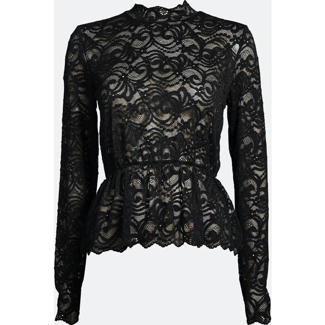 Ladies blouse black lace peplum bik bok long sleeves sheer top size xs teens