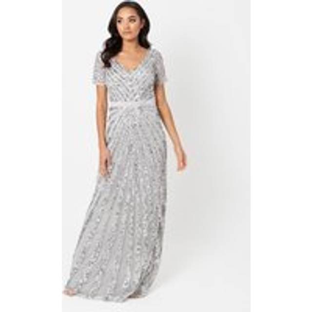 Short Sleeve Stripe Embellished Maxi Dress - Grey - 20