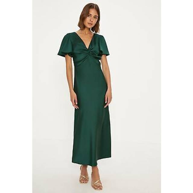 Oasis Womens Satin Twist Front Angel Sleeve Midi Bridesmaids Dress - Emerald - Size 14 UK