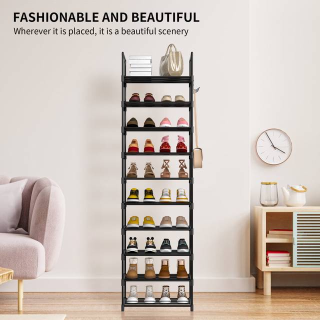 10 Tier Shoe Rack, Shoe Storage Organizer with Hooks Metal Tall Shoe Shelf