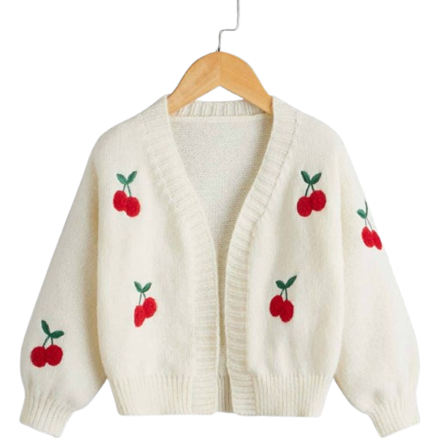 SHEIN Young Girl Cherry Embroidery Drop Shoulder Duster Cardigan